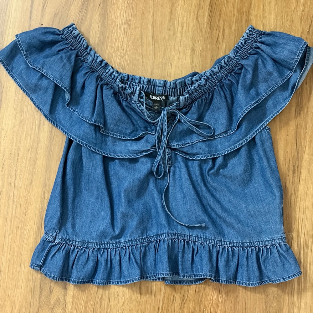 Express Blue Off-Shoulder Ruffle Blouse - Picture 3 of 6